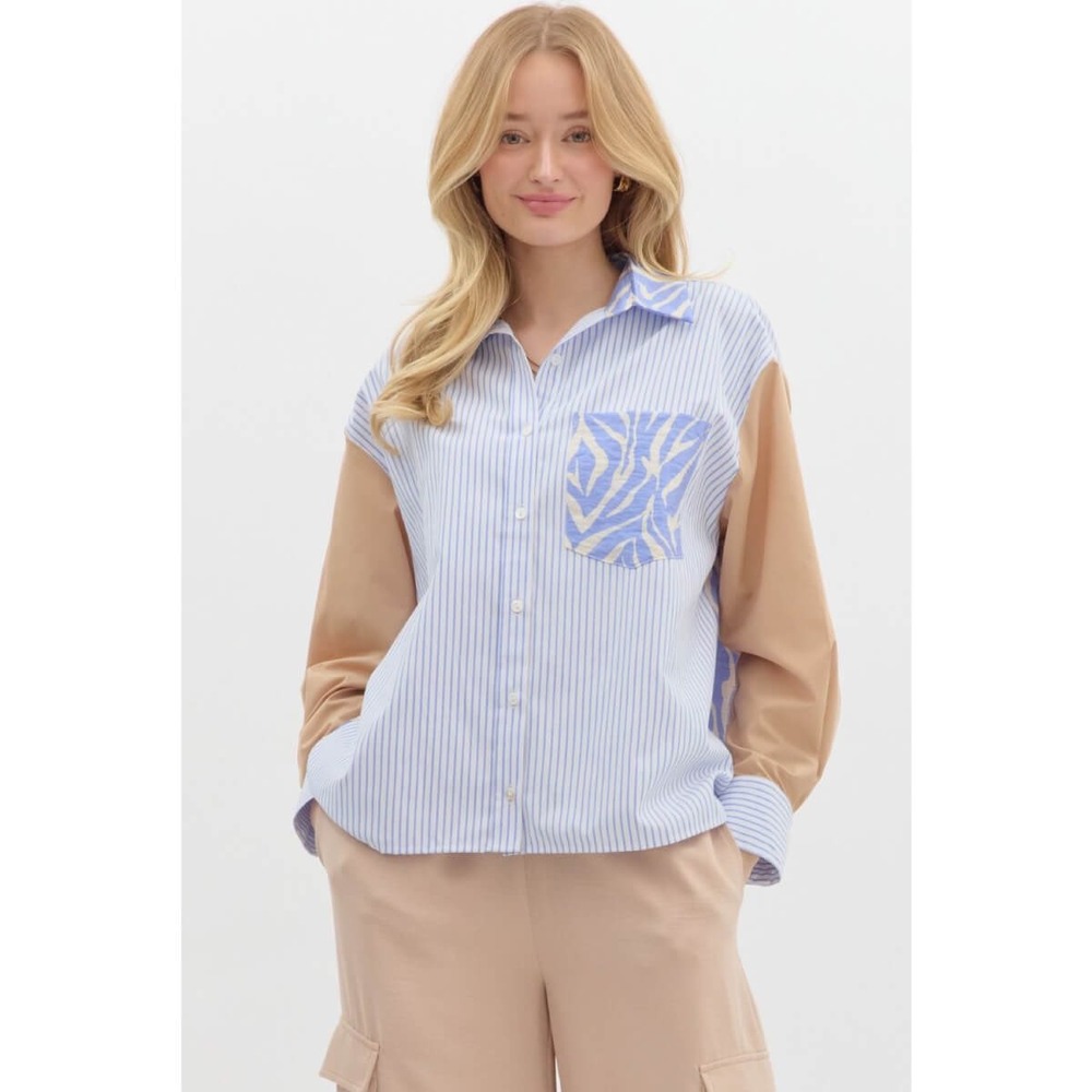 Entro Button Down Shirt Womens Medium Blue Striped Zebra Mixed Media